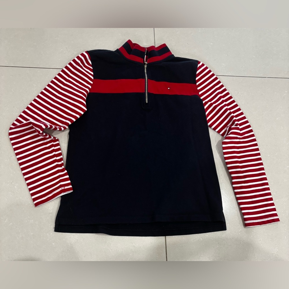 Kids Navy and Red Quarter-Zip Top with Striped Sleeves